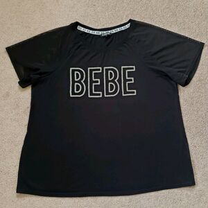 Bebe Sport Women's T-Shirt Mesh Sleeves Sequins Logo Black Size 1X